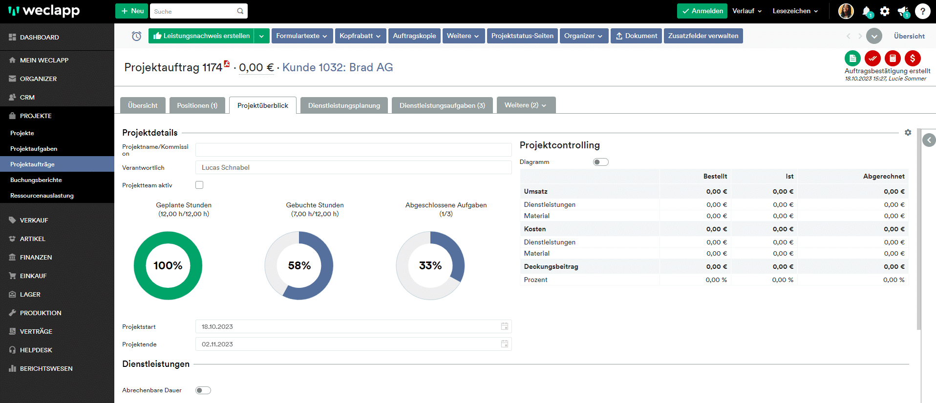 Ansicht von der Projektmanagement Software von weclapp