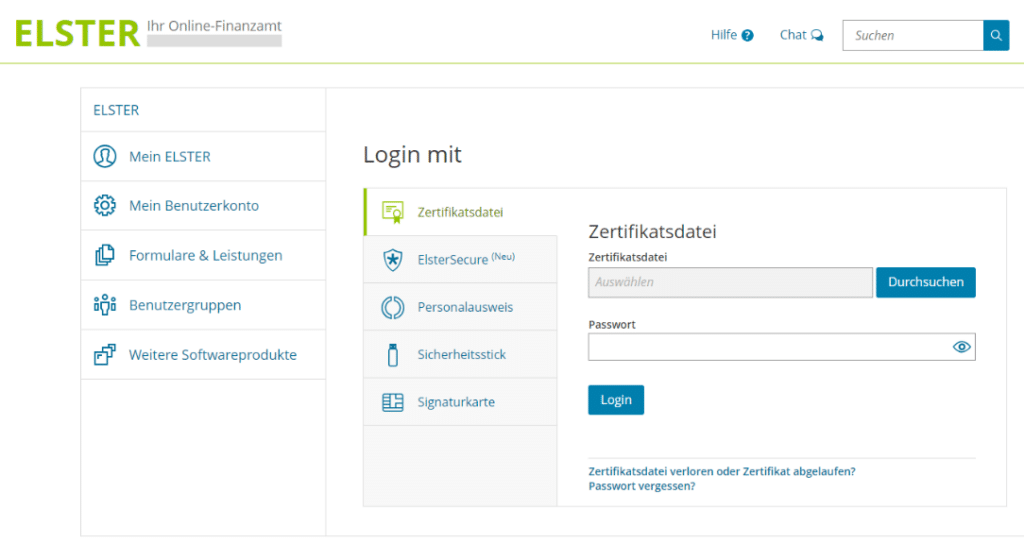 Mein ELSTER login Seite Screenshot