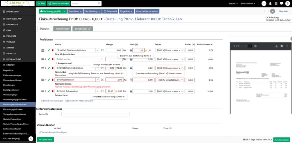 Screenshot weclapp Software mit dem Reiter Einkaufsrechnung