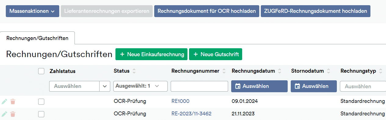 Screenshot weclapp Software mit dem Reiter Rechnungen/Gutschriften