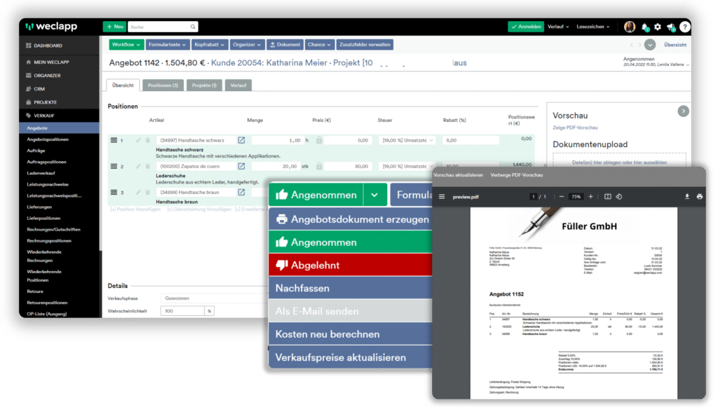 Diverse Ausblicke aus Angebotssoftware von weclapp