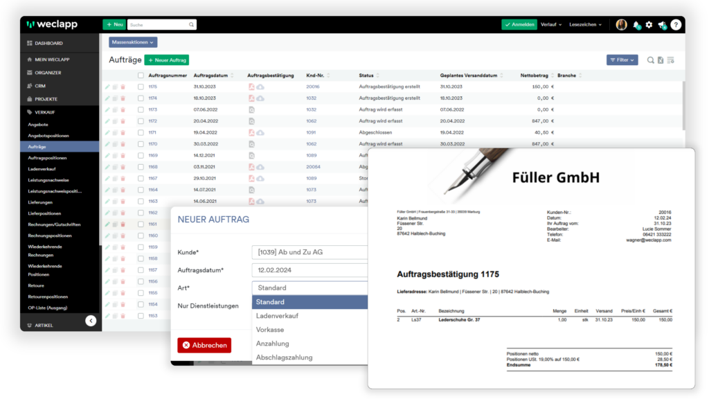 Drei Ansichte auder Auftragsverwaltung Software von weclapp