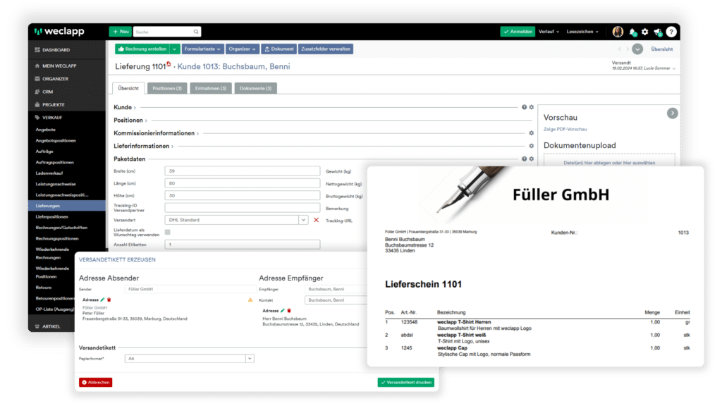 3 Screenshots aus der weclapp ERP Software Versandhandel