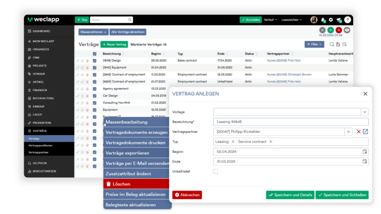 Einblicke in der Software Vertragsmanagement von weclapp