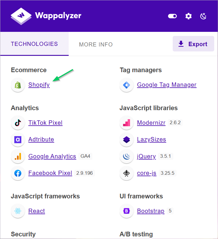 Wappalyzer Beispiel, um zu erkennen, welche Shopsystem auf einer Website verwendet wird
