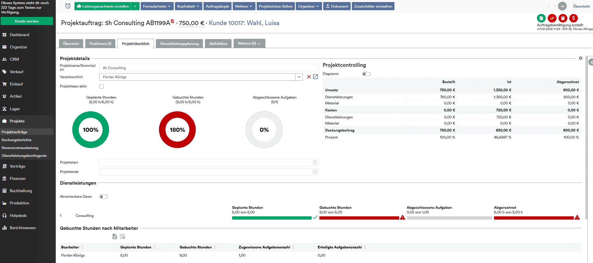 Screenshot Anwendung weclapp Projekte