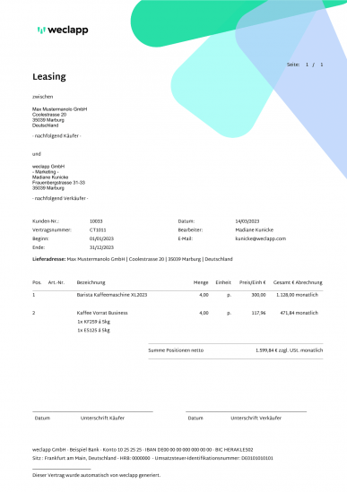 Beispiel eines Vertrags durch weclapp Vertragsmanagemnt Software generiert