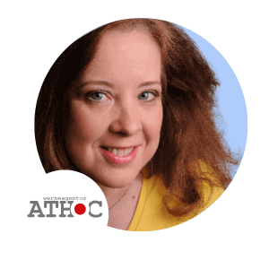 portrait of annett, the owner of athoc advertising agency and the logo of the company