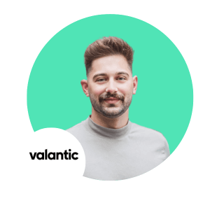 Portrait of Leon Hupertz, the sales manager of the company valantic and the logo of the company