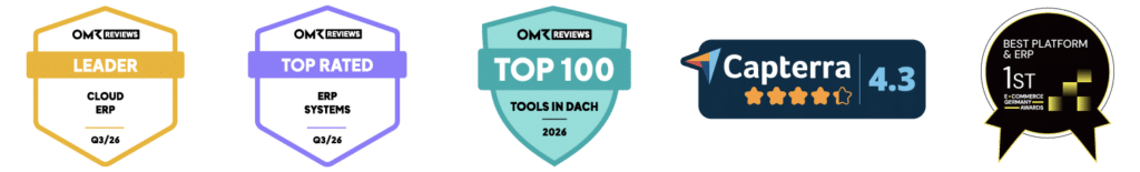 weclapp certificates & badges Q3 2026 includign OMR Cloud ERP Leaderbadge, OMR Top Rated Badge, OMR Top 100 Tools in DACH, Capterra 4.3 certificate and Best Platform & ERP Badge by EGA