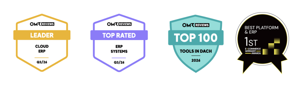 weclapp certificates & badges Q3 2026 including OMR Cloud ERP Leaderbadge, OMR Top Rated Badge, OMR Top 100 Tools in DACH and Best Platform & ERP Badge by EGA