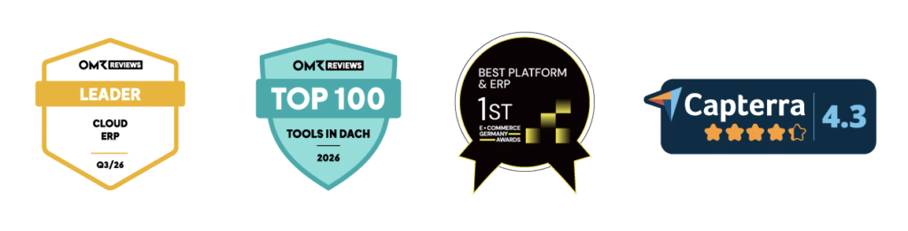 weclapp certificates & badges Q3 2026 including OMR Cloud ERP Leaderbadge, OMR Top 100 Tools in DACH, Best Platform & ERP Badge by EGA and Capterra 4.3 certificate